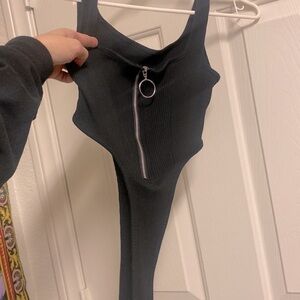 Black rubbed body suit high hip - rad O ring zipper